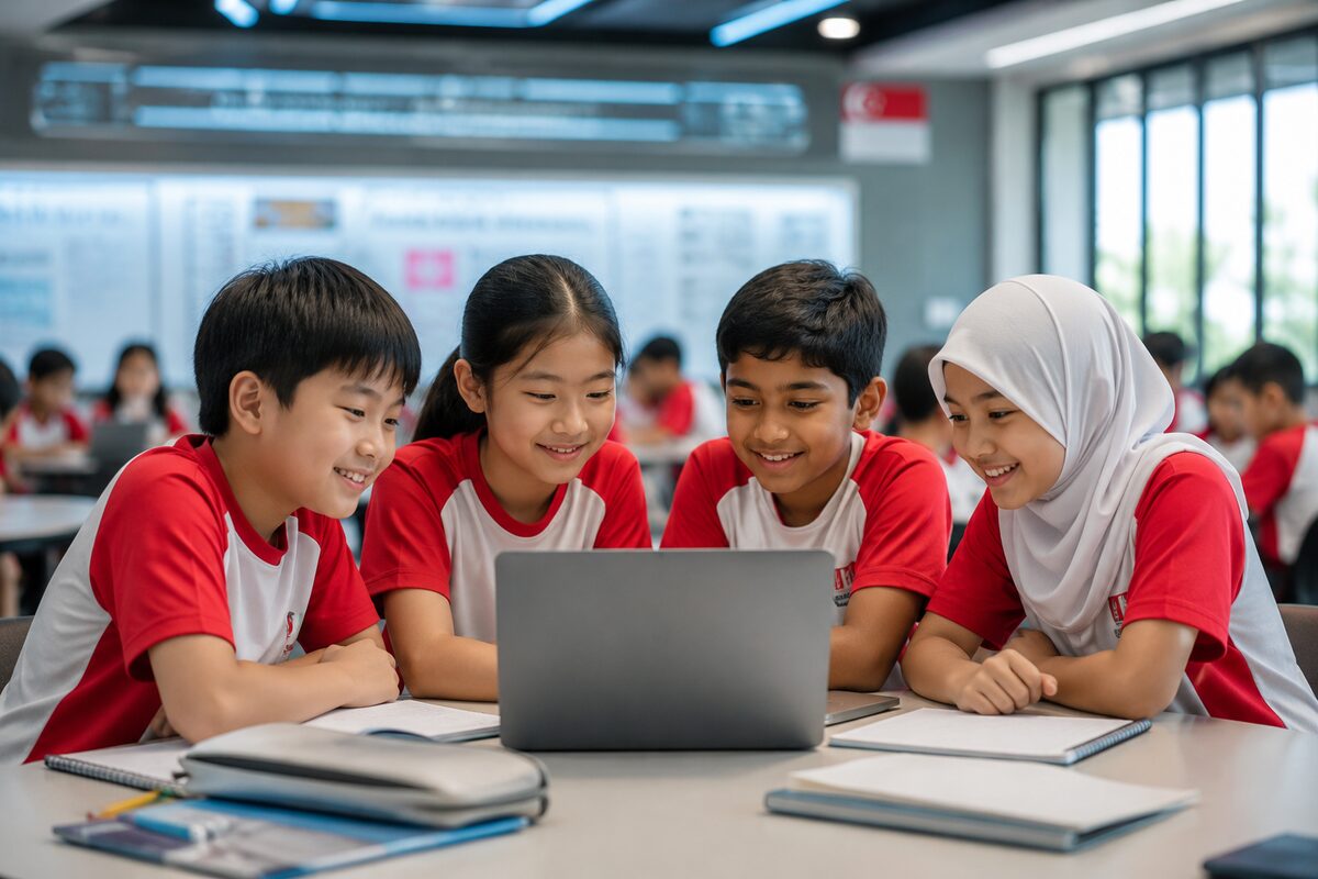 Four Singapore primary school students smiling together while working at a laptop in class